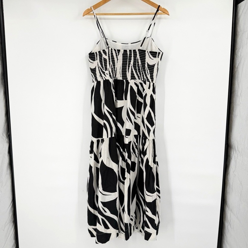Rachel Zoe Womens Large Midi Dress Black White Abstract Linen Blend Smocked Boho - Picture 3 of 8